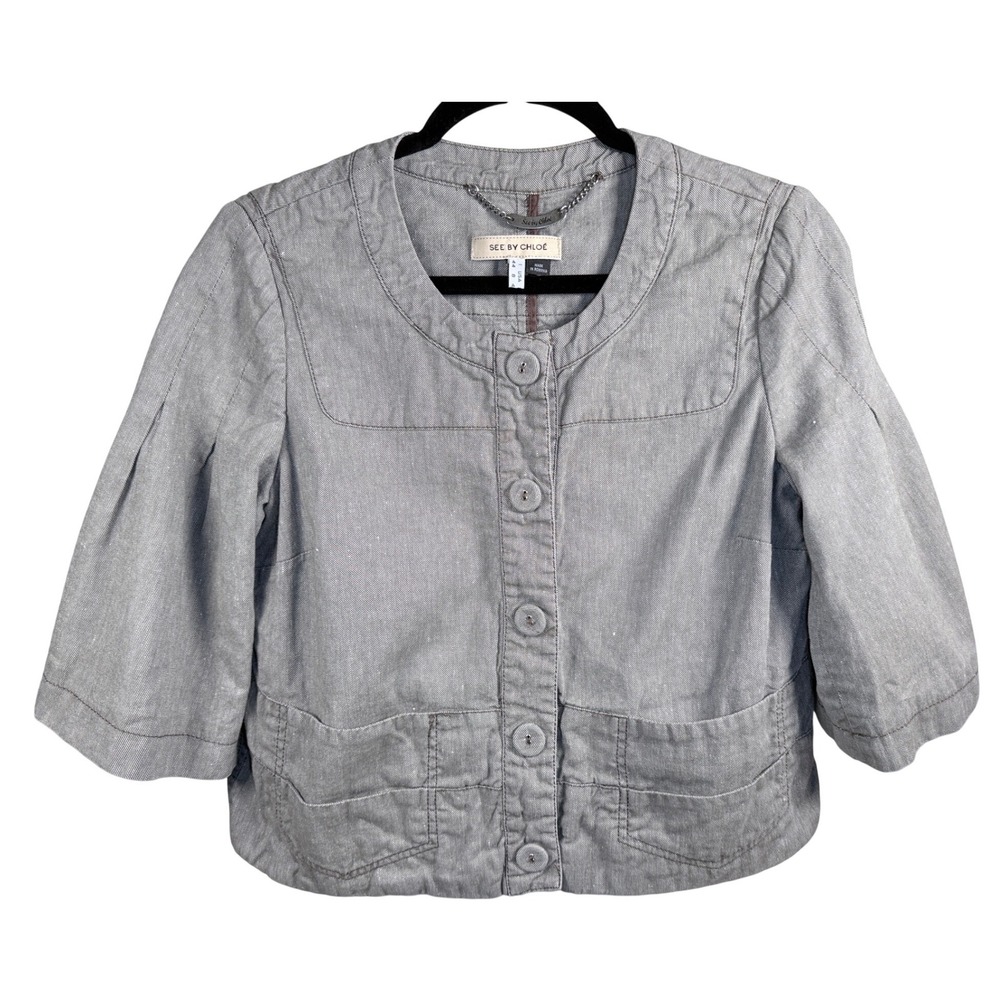 See by Chloé Linen Blend‎ Cropped Jacket 3/4 Sleeve Taupe EU40/US 6–8 - Picture 2 of 9